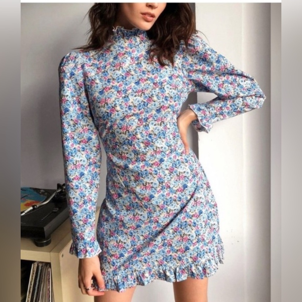 Nasty Gal Blue Wrap Tie Front Dress with Bishop Sleeves